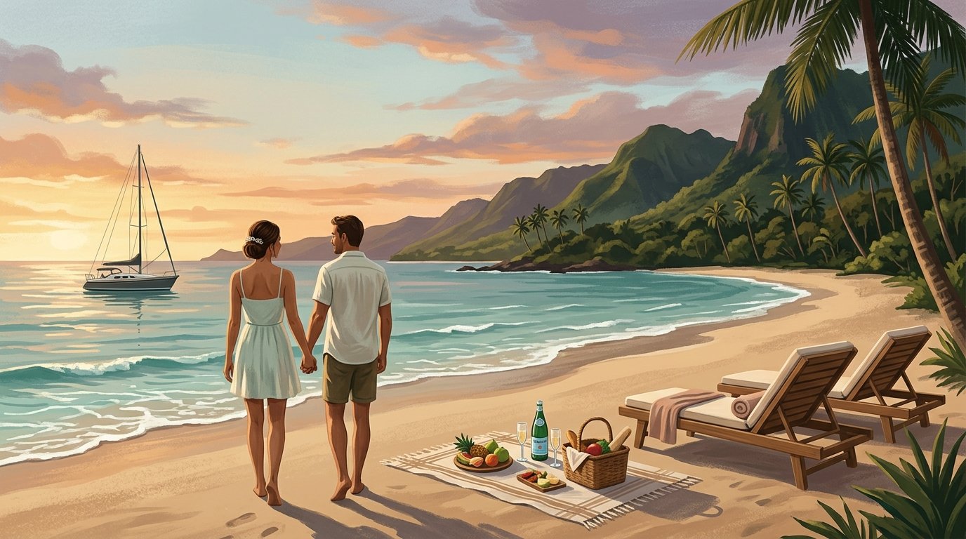 A newlywed couple walks hand in hand along a secluded Maui beach at sunset, with tropical scenery, a picnic, and a boat nearby.