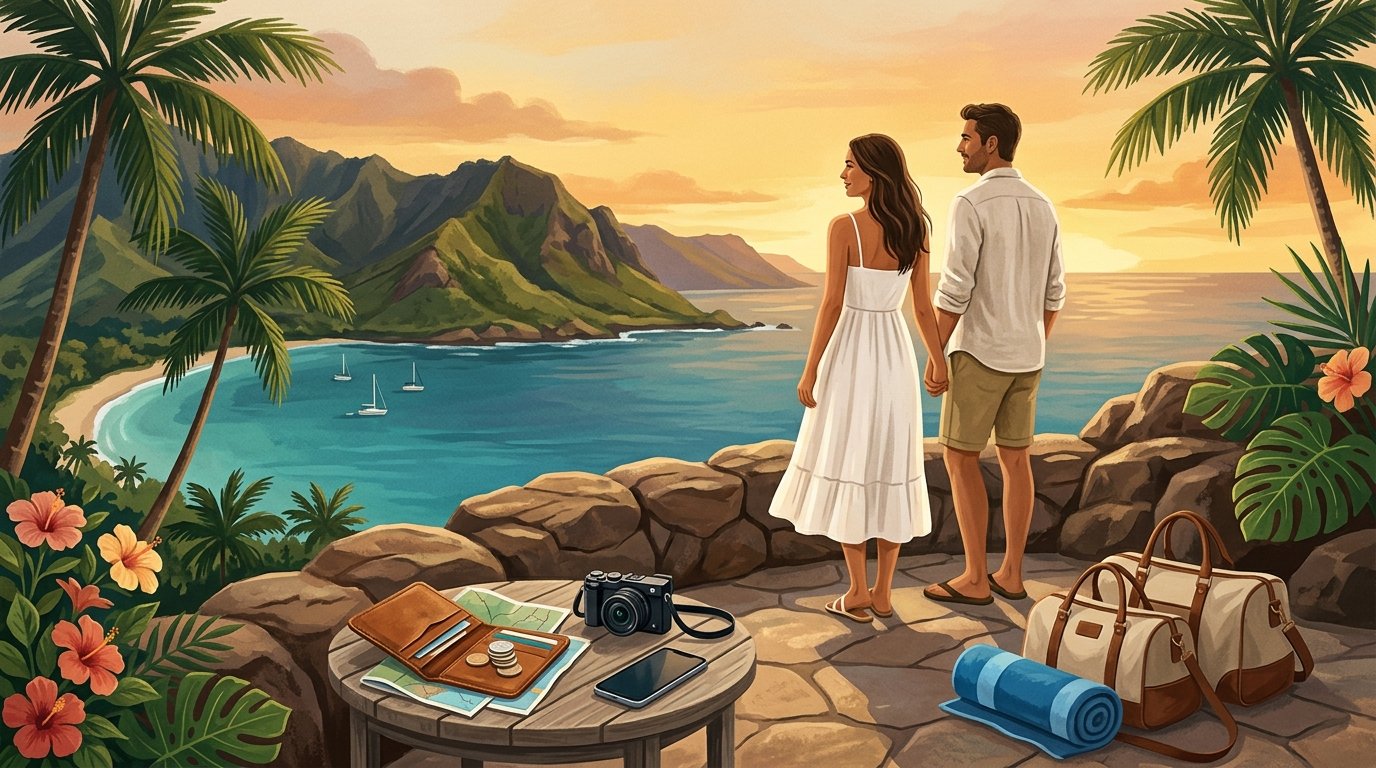 A couple overlooks a scenic Maui bay at sunset with travel items and a wallet in the foreground.