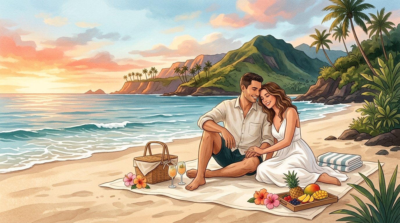 A newlywed couple shares a romantic sunset picnic on a quiet Maui beach.
