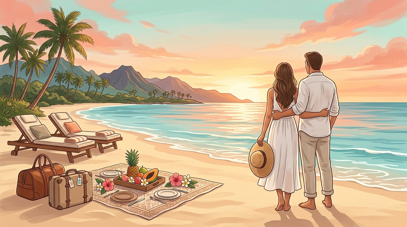 A newlywed couple watches the sunset from a secluded Maui beach with tropical scenery and travel items nearby.