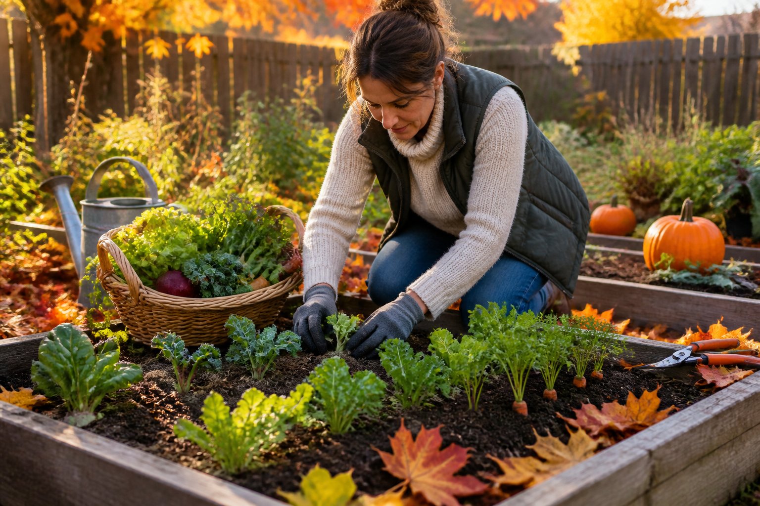 A gardener plants cool-season vegetables in raised garden beds surrounded by autumn leaves, pumpkins, tools, and harvested produce.