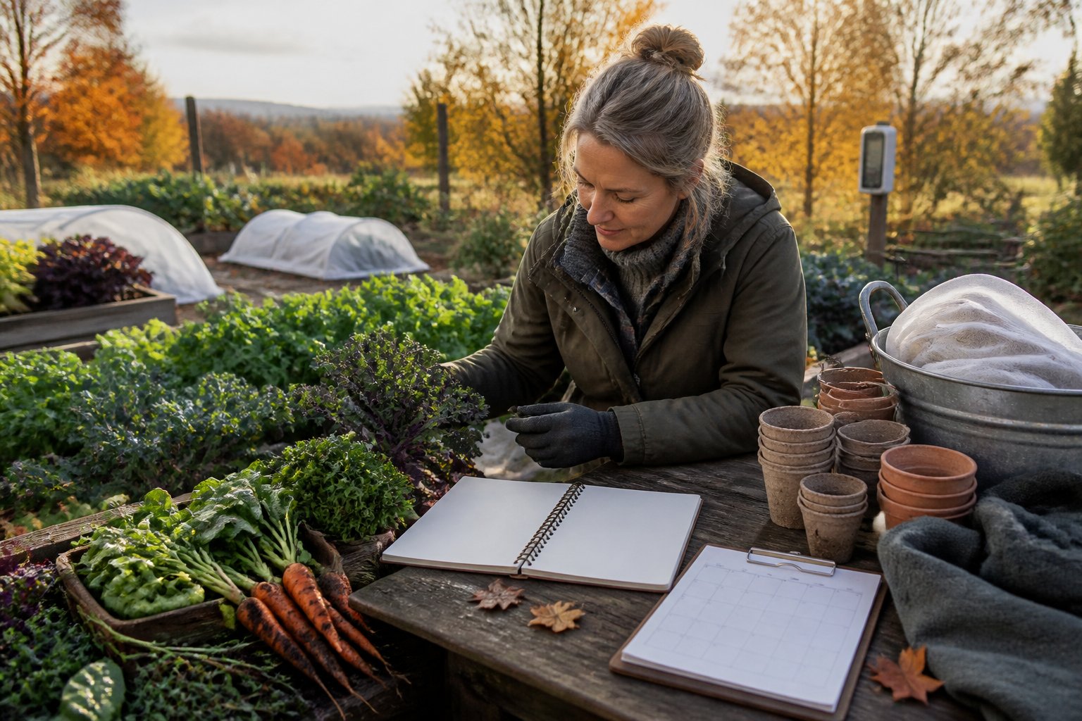 A gardener checks cool-season vegetables in an autumn garden while preparing for the first frost.