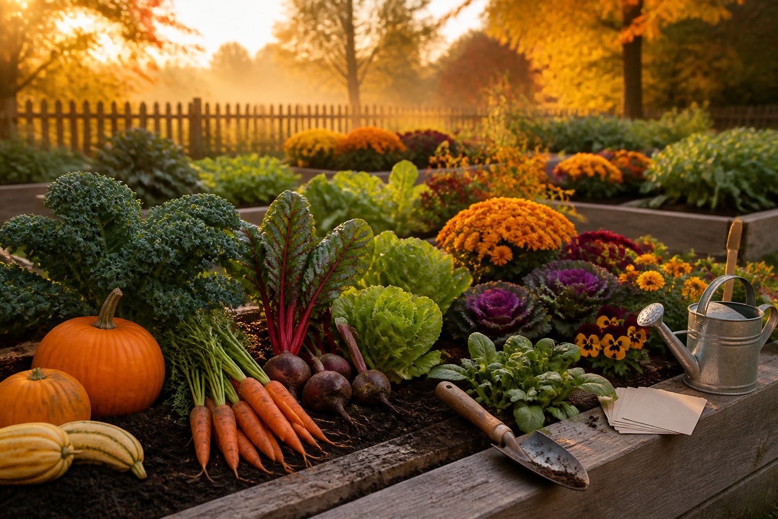 A colorful autumn garden with leafy vegetables, pumpkins, and fall flowers in raised beds.