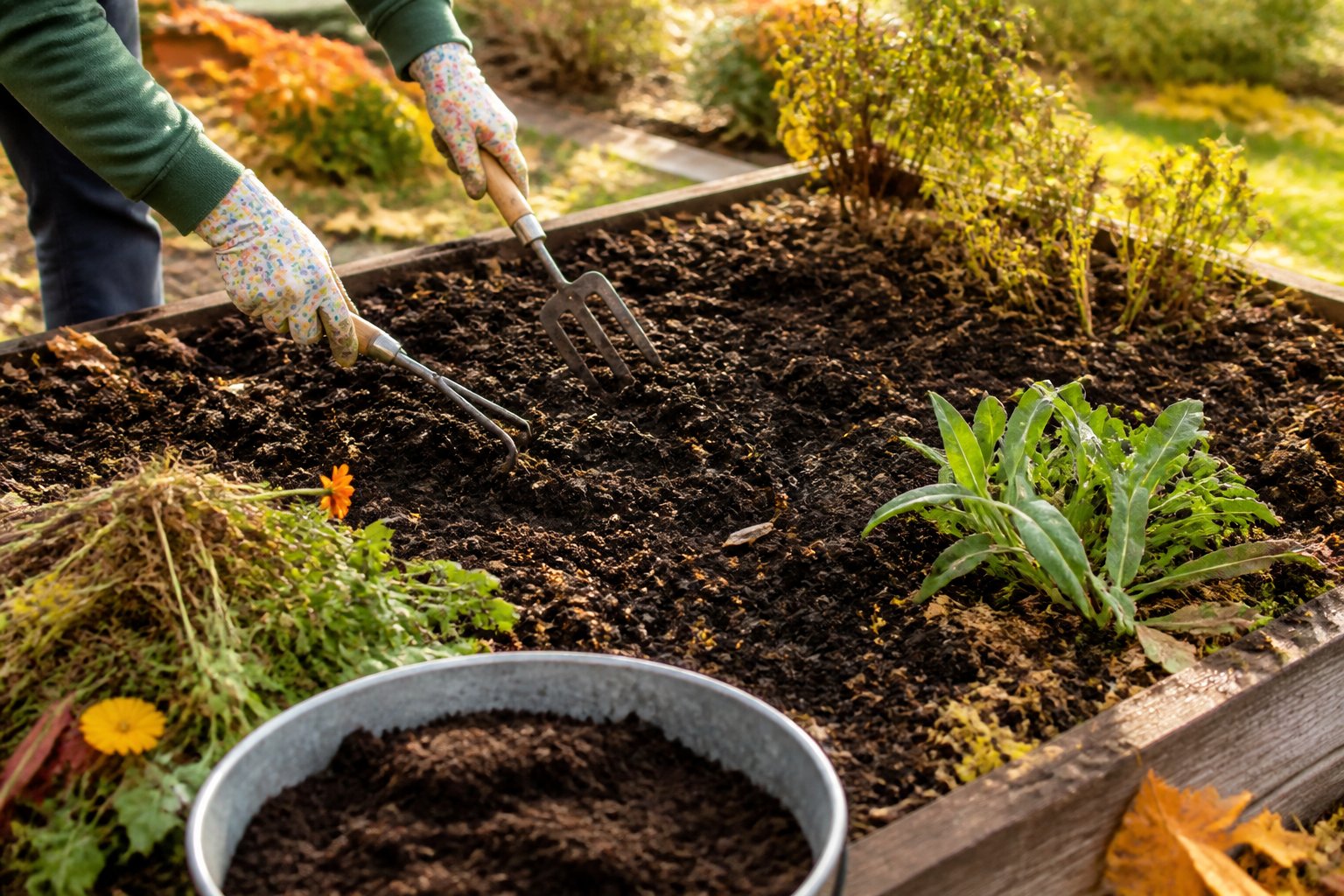 A gardener loosens and mixes compost into a raised garden bed in early autumn.