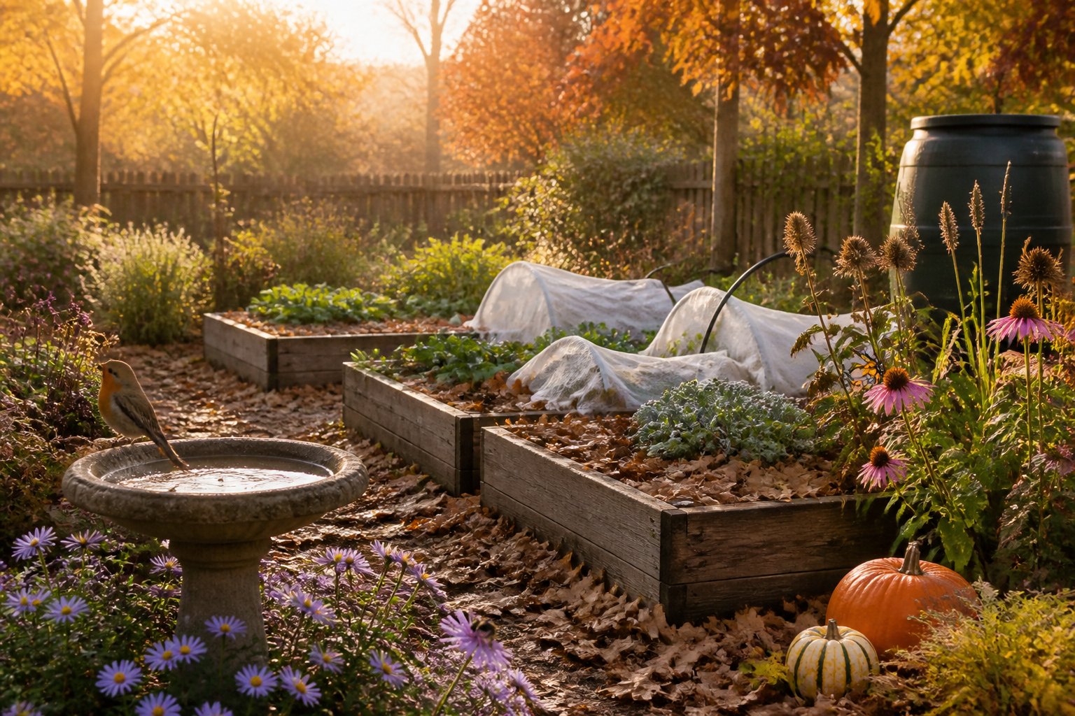 A healthy autumn garden with mulched soil, protected plants, native flowers, and small birds and pollinators.