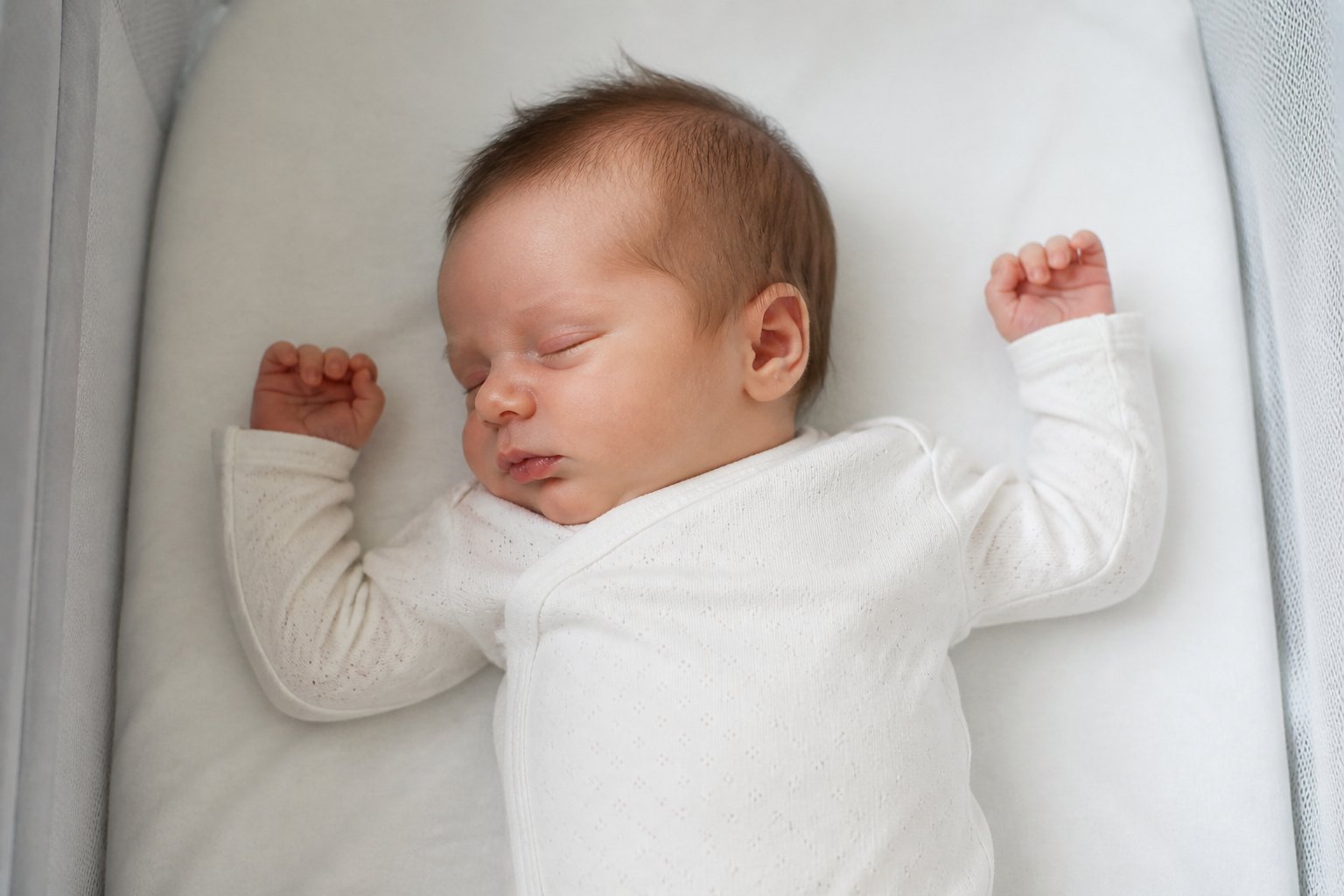 Newborn sleeping on their back with arms gently raised in a softly lit bassinet.