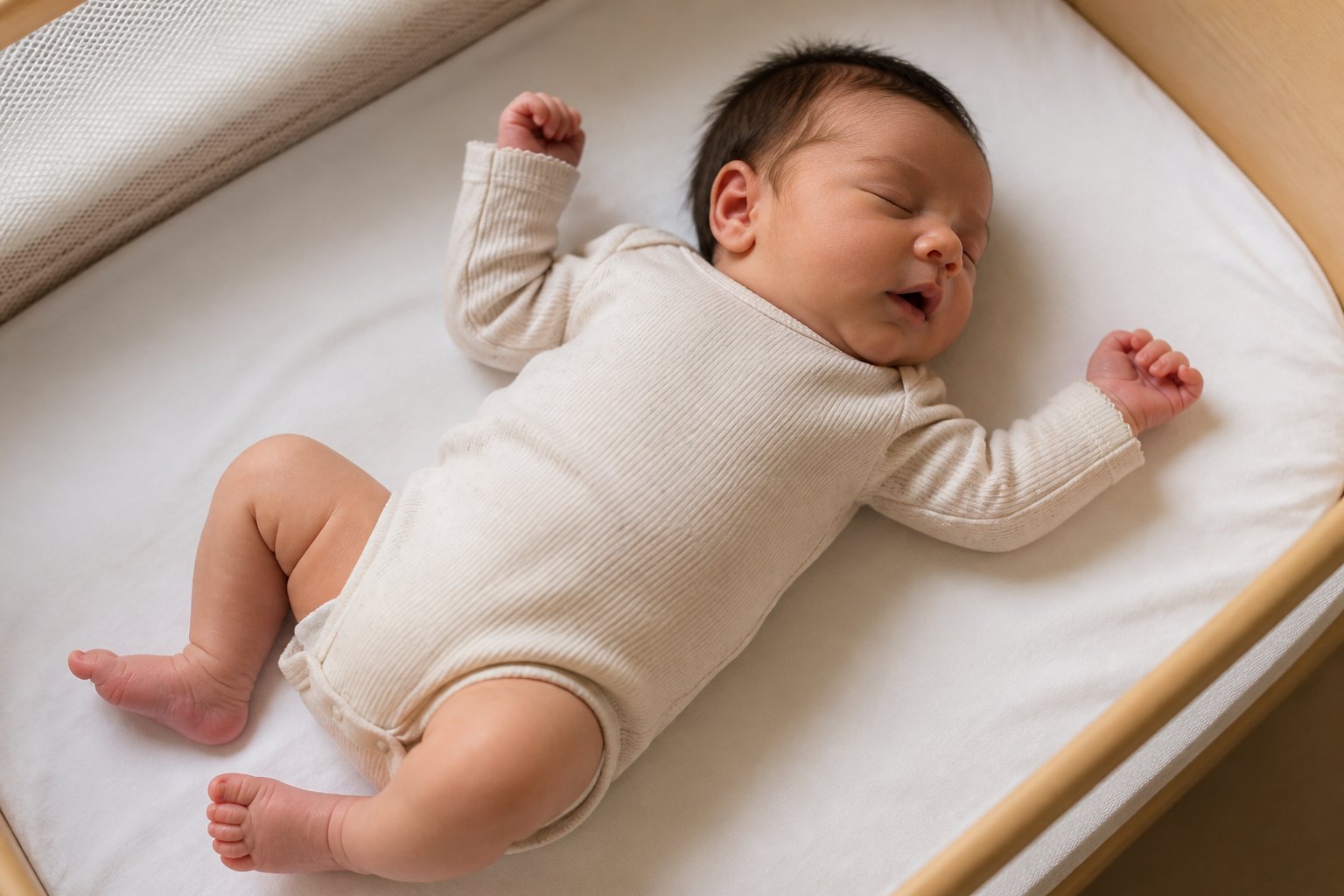Sleeping newborn showing gentle facial and limb movements in a safe bassinet.