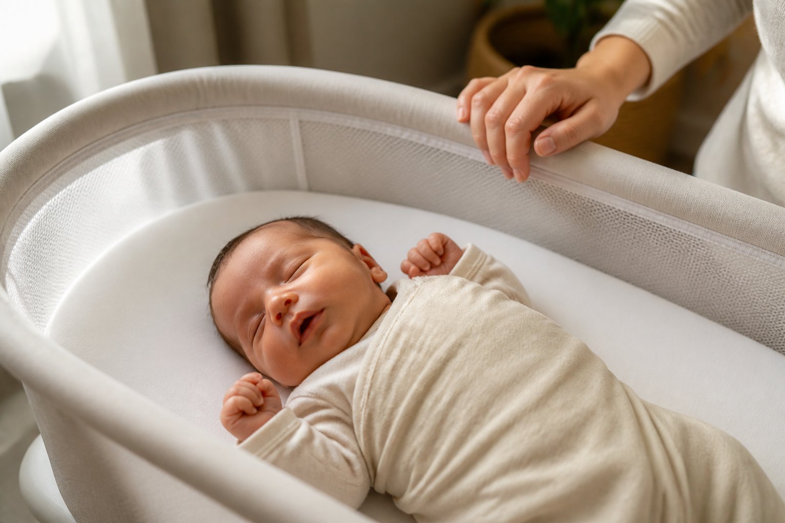 Sleeping newborn lying safely on their back in a bassinet, showing subtle facial and hand movements.
