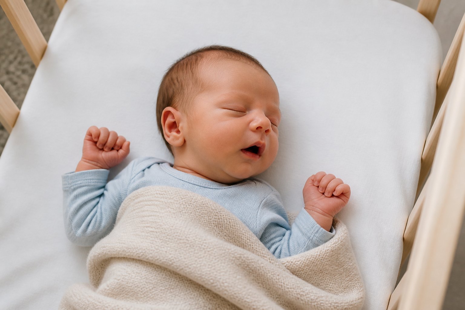 A newborn baby sleeps peacefully on their back in a softly lit bassinet.