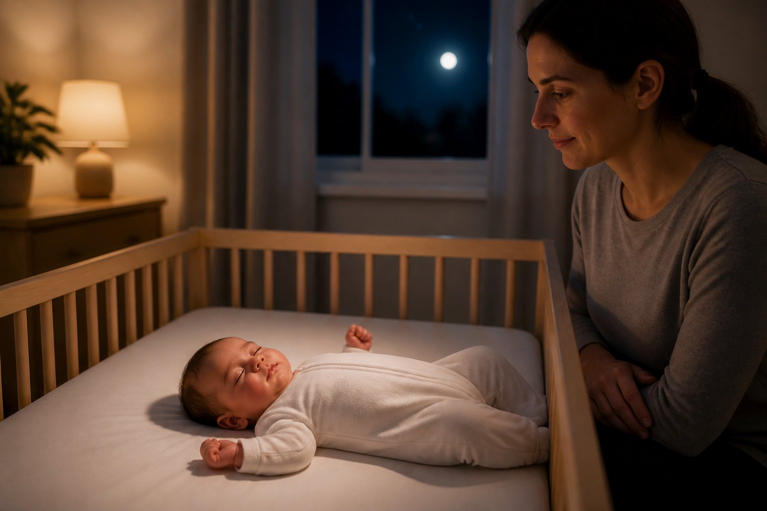 A caregiver quietly watches a sleeping newborn in a safe, uncluttered crib at night.