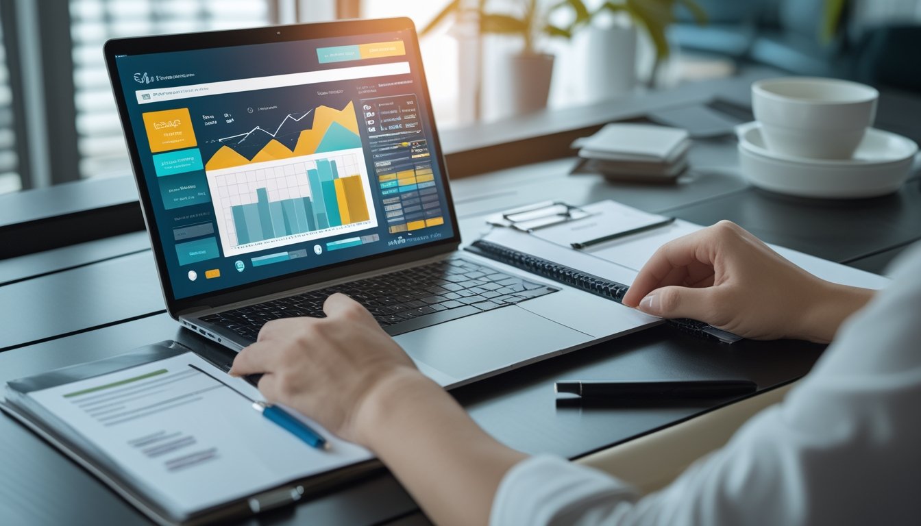 Laptop dan ponsel menampilkan dasbor analitik abstrak di meja kerja modern.