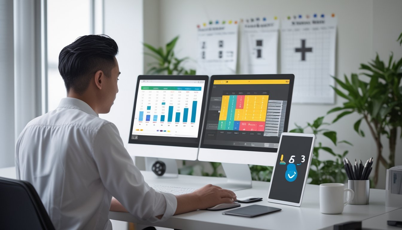 Seseorang menganalisis data dan membandingkan platform lotre online di ruang kerja modern.