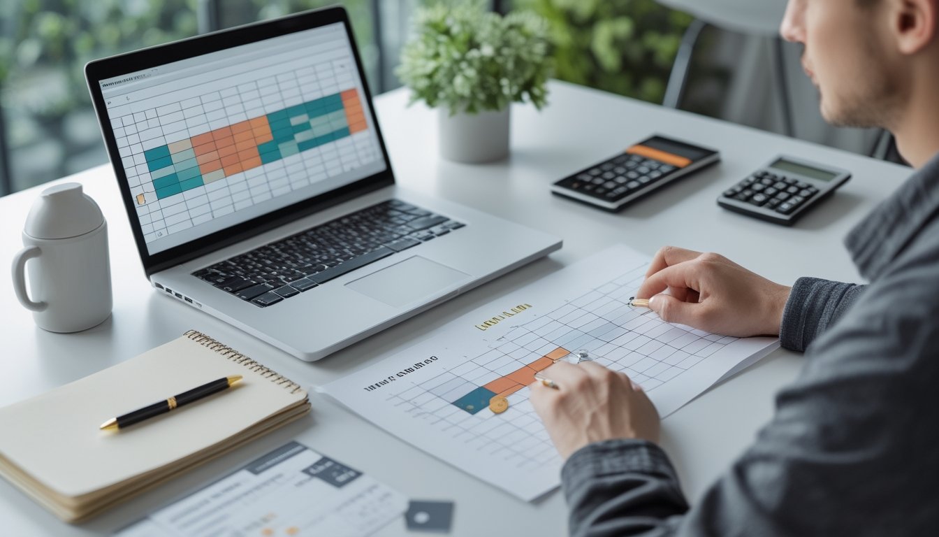 Seorang pemula mempelajari grafik data abstrak di meja kerja dengan laptop, catatan, kalkulator, dan secangkir kopi.