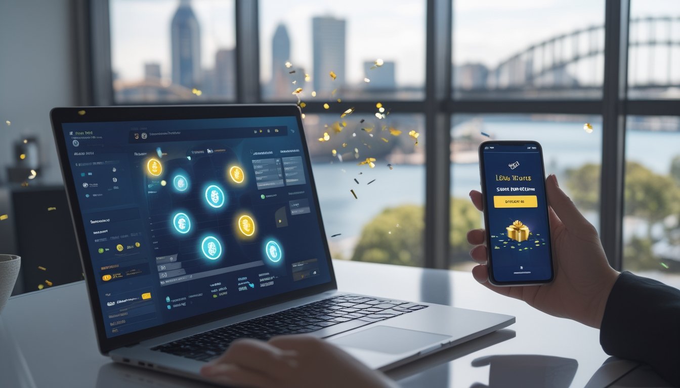 Laptop dan ponsel menampilkan antarmuka digital abstrak dengan latar cakrawala Sydney.