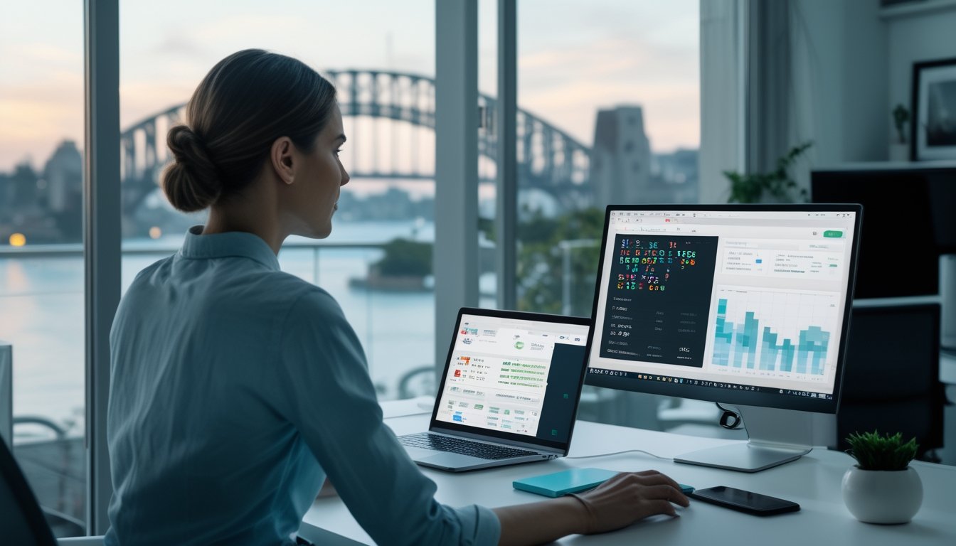 Seseorang melihat dasbor analisis data digital di laptop dan ponsel dalam ruang kerja modern dengan latar pemandangan Sydney.