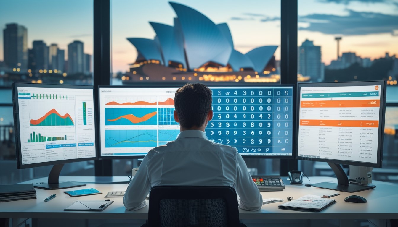 Seorang analis mempelajari grafik data abstrak di ruang kerja modern dengan latar cakrawala Sydney.