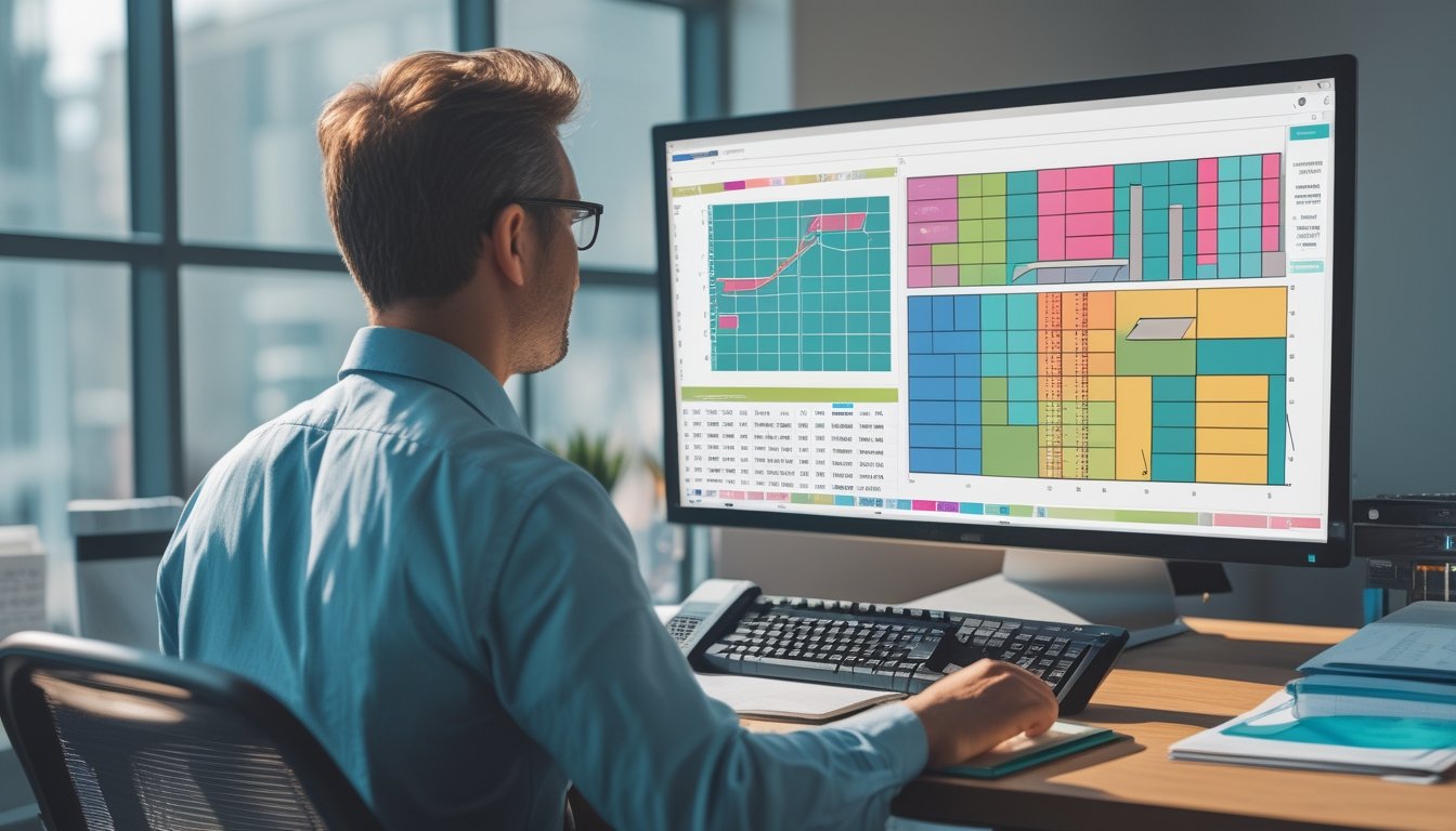 Analis data memeriksa grafik dan pola statistik abstrak di layar komputer pada ruang kerja modern.