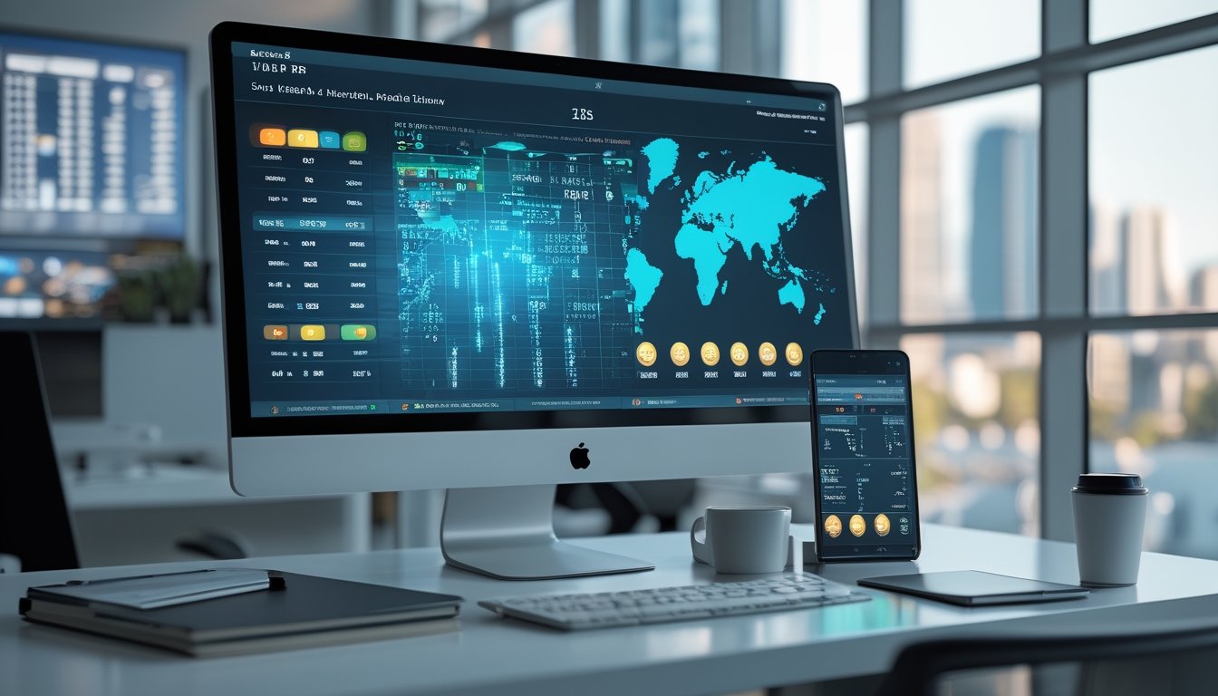 Meja kerja modern dengan monitor dan ponsel yang menampilkan visualisasi data undian langsung tanpa teks terbaca.