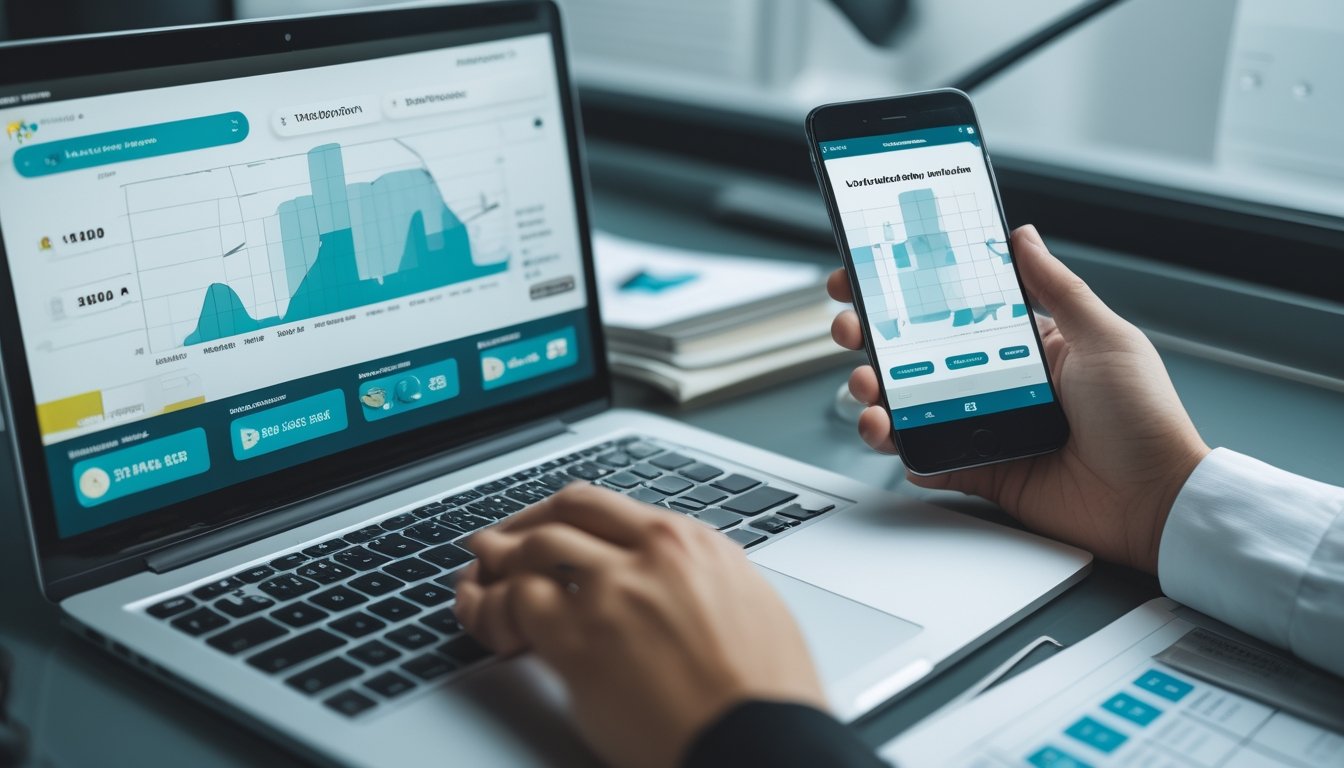 Seseorang memeriksa dasbor data undian digital dengan simbol keamanan dan grafik analitik di meja kerja.