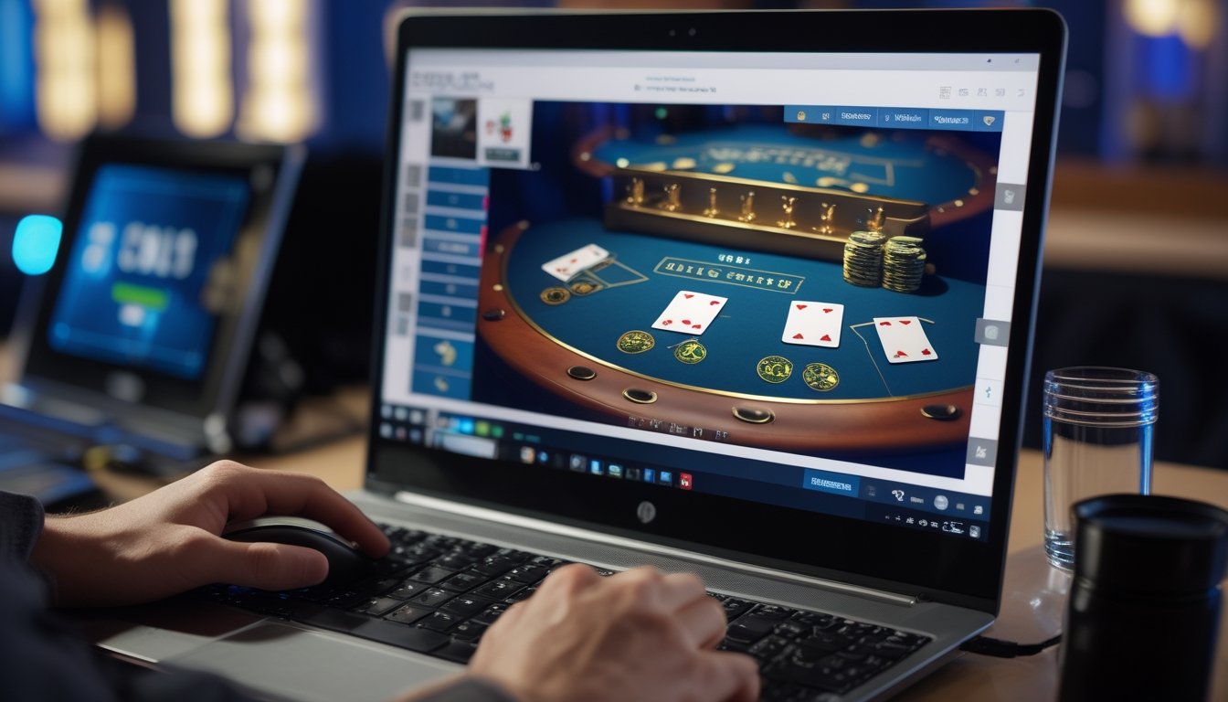 Seseorang sedang mempelajari strategi blackjack online dengan kartu dan chip virtual di layar komputer.