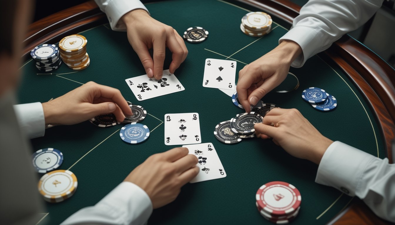 Tangan pemain blackjack memisahkan sepasang kartu dan menggandakan taruhan dengan keping di meja kasino.