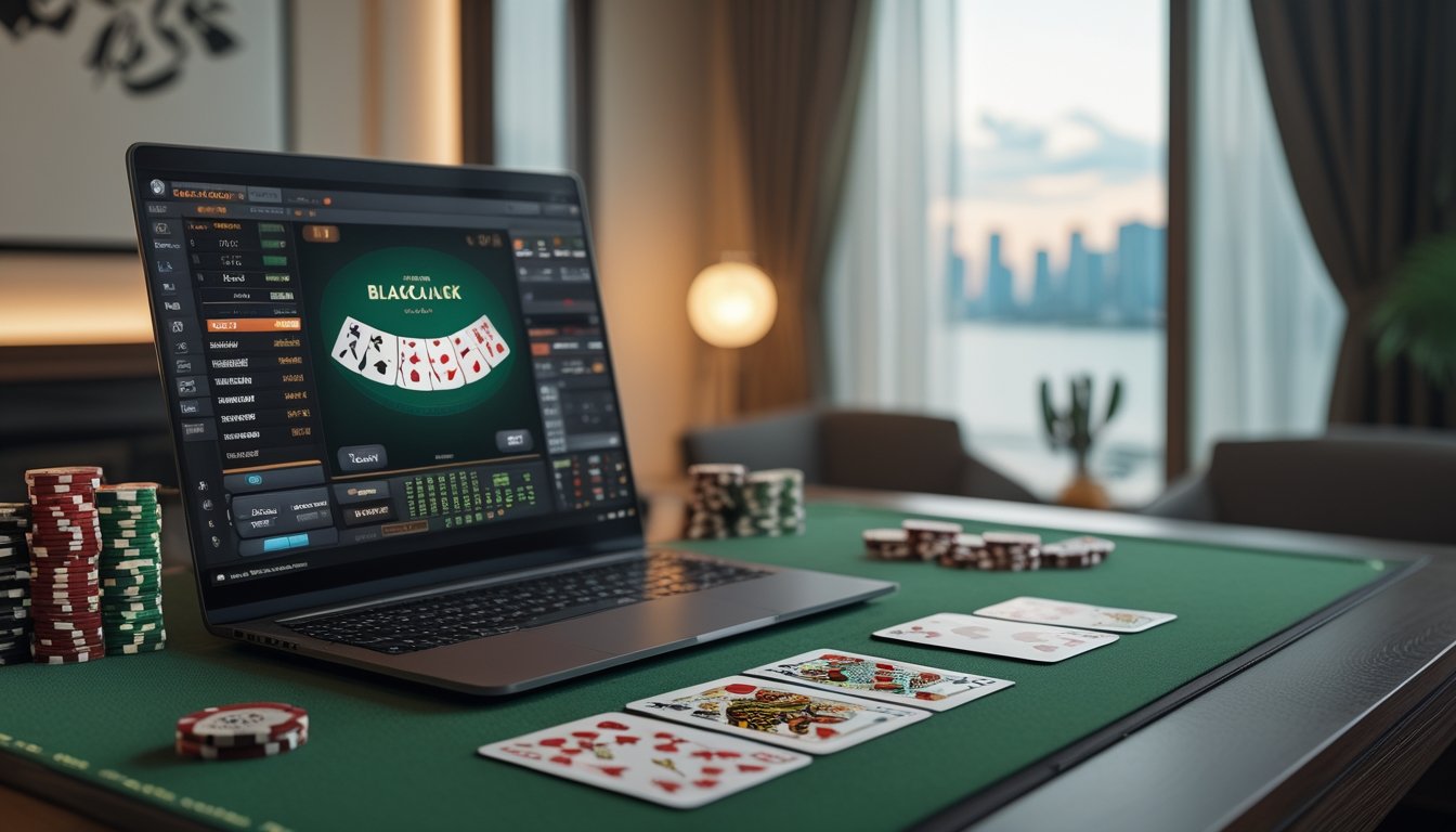 Laptop dengan meja blackjack, kartu remi, dan keping kasino di ruang kerja modern.