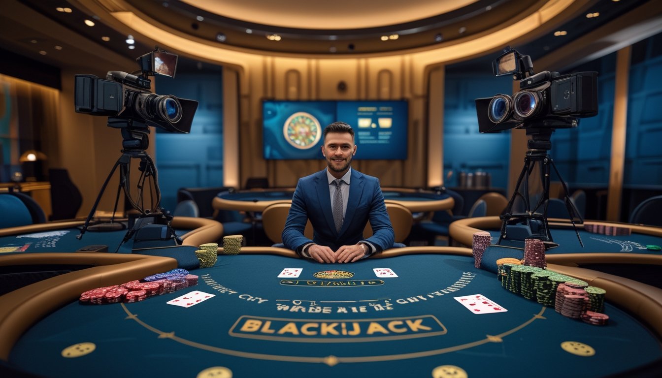 Dealer profesional memandu permainan blackjack langsung di meja kasino dengan kartu dan keping taruhan.