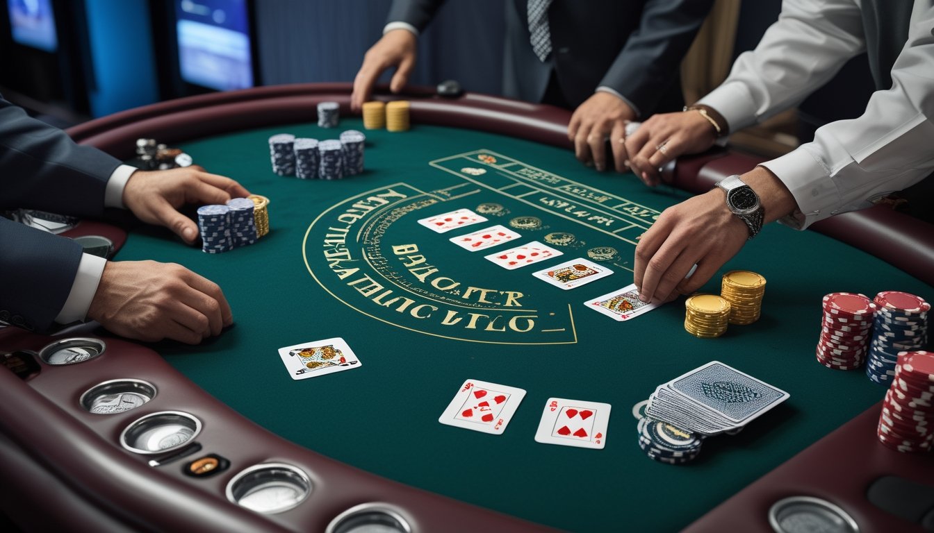 Dealer mengelola permainan blackjack langsung di meja kasino dengan kartu dan keping taruhan.