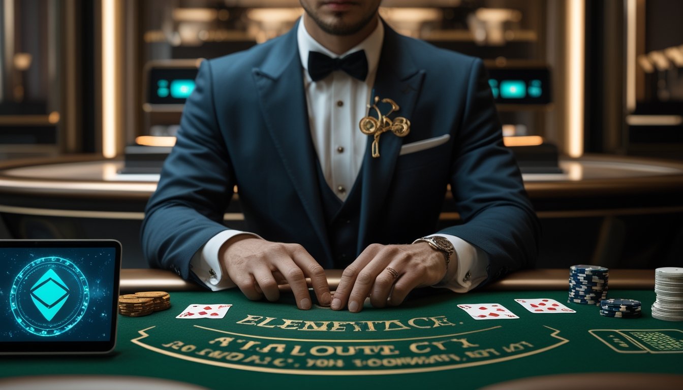 Dealer blackjack di meja kasino modern dengan kartu, chip, dan perangkat digital.