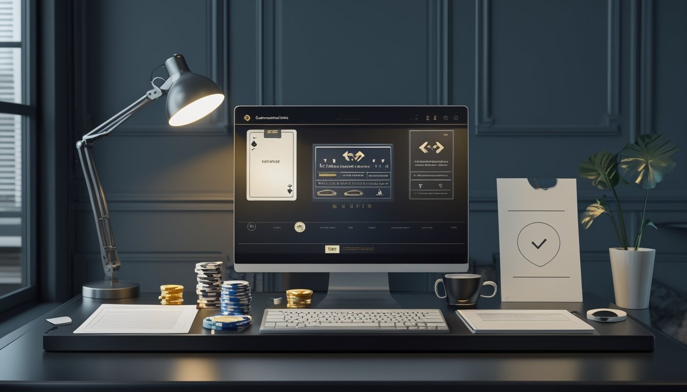 Laptop dengan tampilan blackjack, kartu dan chip kasino, dompet digital, serta simbol keamanan di atas meja kerja modern.