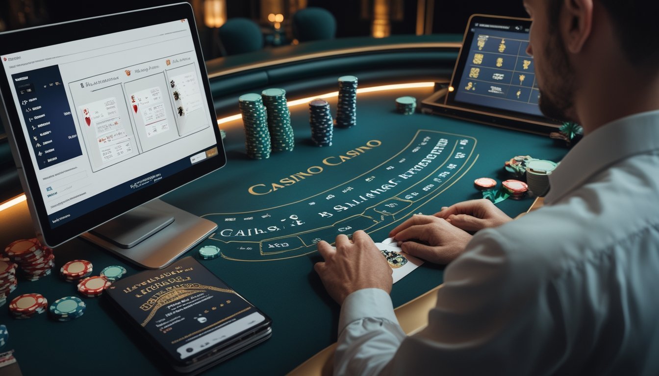 Pemain menganalisis beberapa tangan blackjack di meja kasino online dengan kartu dan keping taruhan.