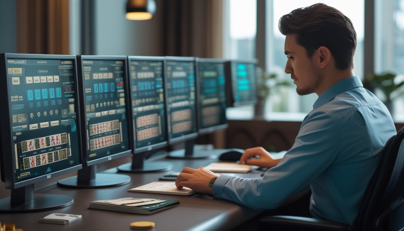 Seorang pemain mempelajari beberapa meja blackjack digital secara bersamaan di depan beberapa monitor.