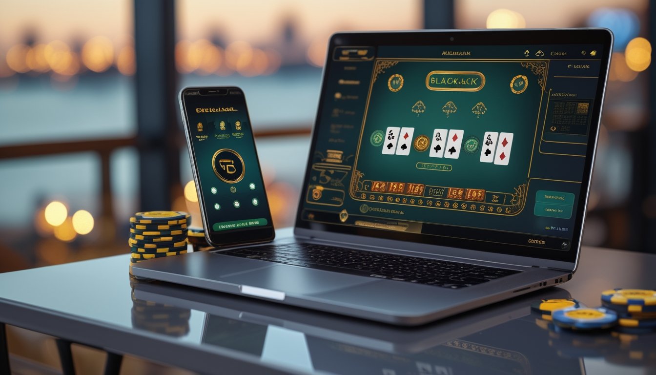 Laptop dan ponsel menampilkan permainan blackjack virtual dengan kartu dan chip di atas meja elegan.