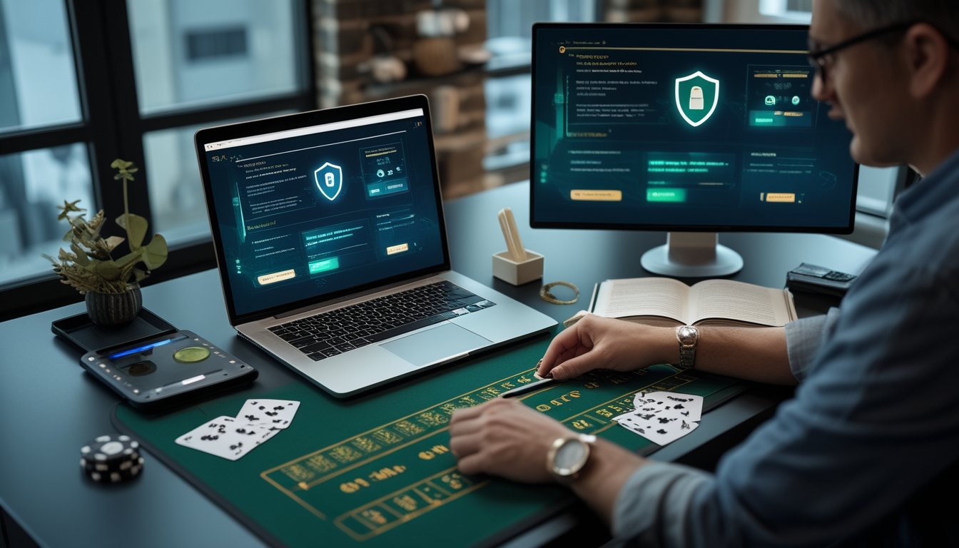 Seseorang memeriksa keamanan dan lisensi platform blackjack online di meja kerja dengan laptop, kartu, dan simbol perlindungan digital.
