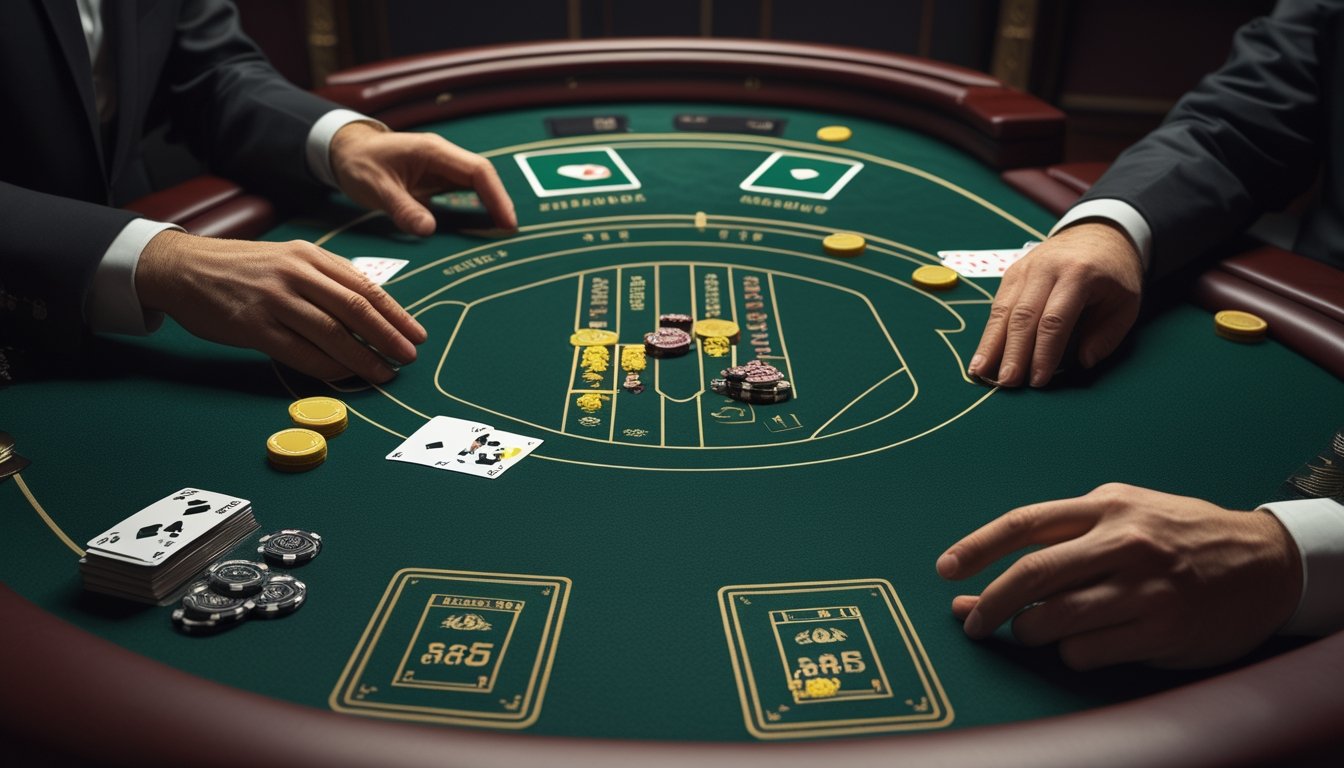 Meja blackjack dengan kartu dan keping kasino yang menggambarkan perbandingan dua variasi permainan.
