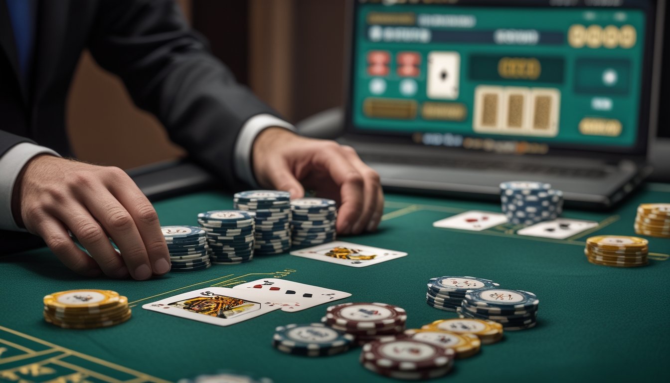 Meja blackjack dengan kartu, keping taruhan, dan tangan dealer, dengan layar laptop buram di latar belakang.