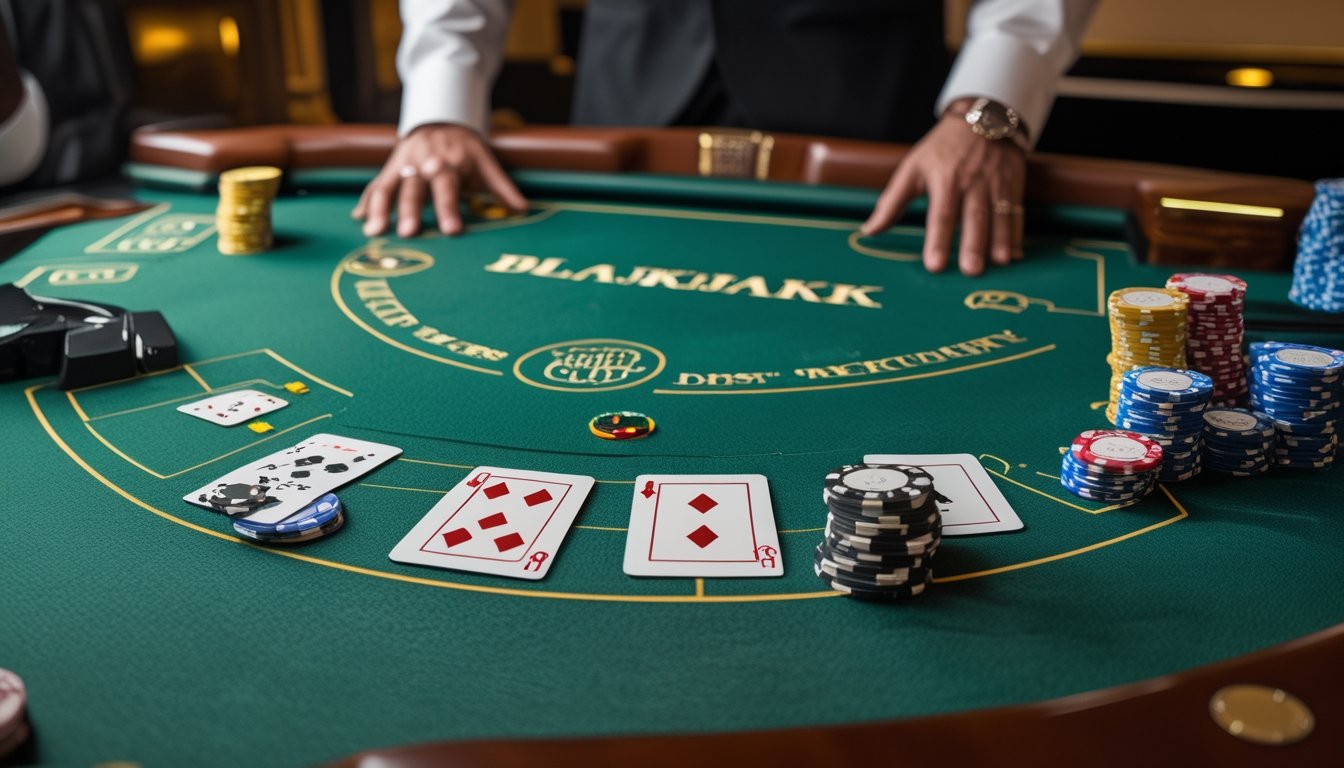 Dealer blackjack berdiri di belakang meja dengan kartu dan keping taruhan yang tersusun rapi.