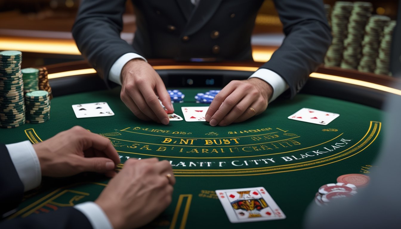 Dealer blackjack mengatur kartu dan chip di atas meja kasino.
