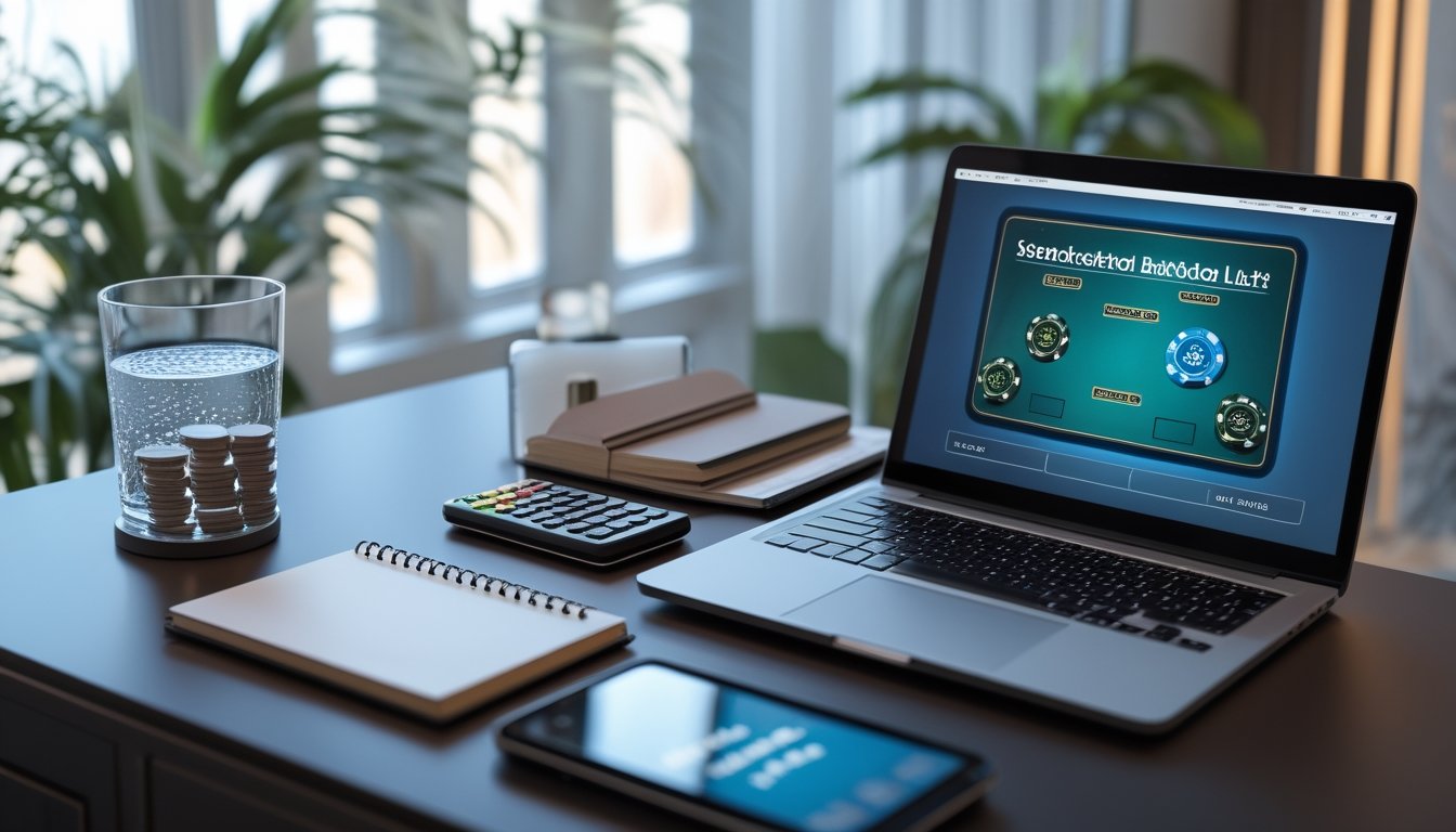 Laptop dengan permainan blackjack daring, buku anggaran, kalkulator, dan chip yang tertata rapi di meja.