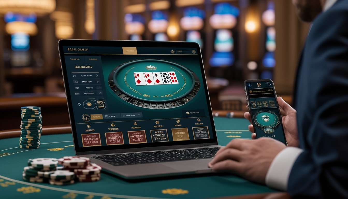 Laptop dan ponsel menampilkan permainan blackjack di atas meja kasino dengan kartu dan keping taruhan.