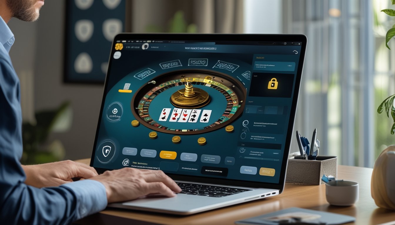 Seseorang menilai keamanan platform blackjack online di laptop dengan simbol perlindungan digital.