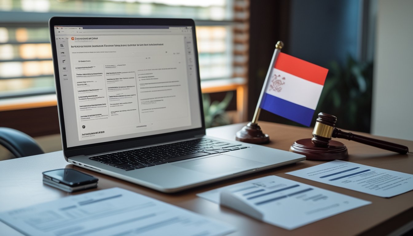 Meja kerja dengan laptop, dokumen hukum, bendera Indonesia, palu hakim, dan ponsel.