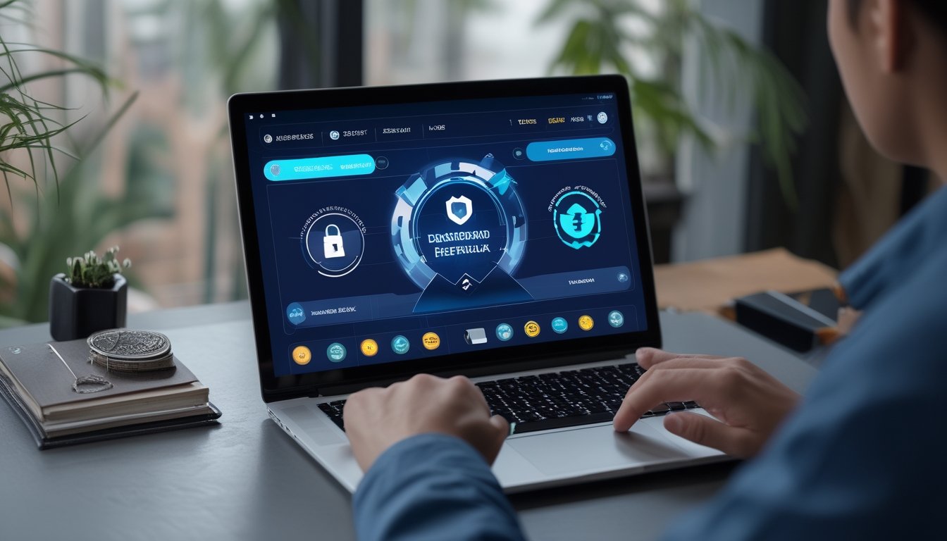 Pengguna mendaftarkan akun melalui laptop dengan elemen keamanan digital seperti gembok dan perisai.
