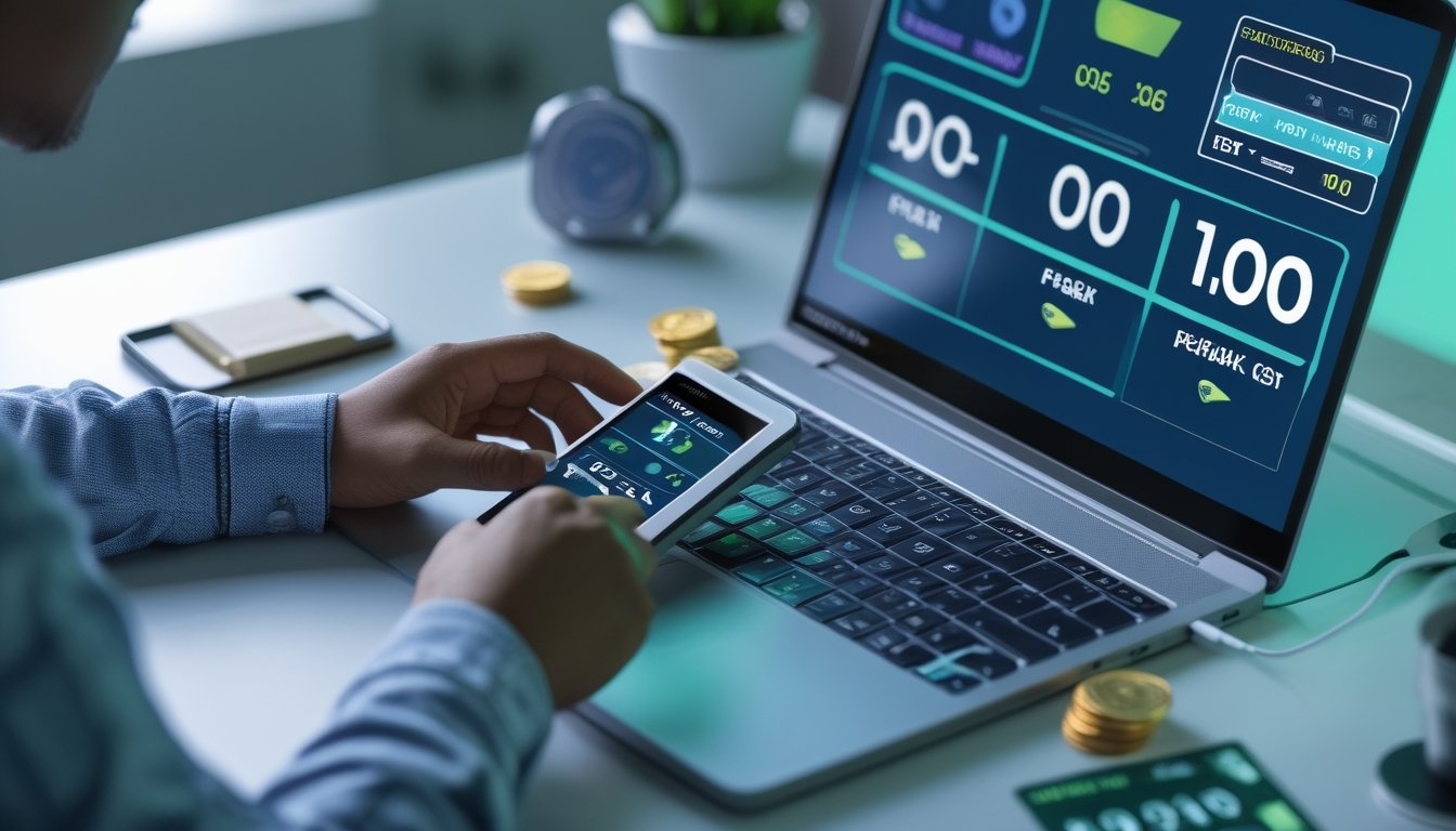 Tangan seseorang menggunakan laptop dan ponsel dengan simbol keamanan serta tumpukan koin di meja kerja.