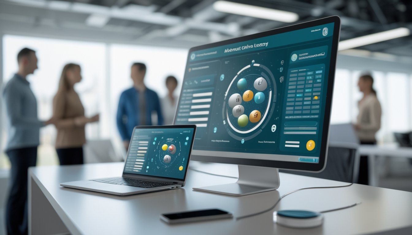 Laptop dan ponsel menampilkan dasbor data undian digital di meja kantor dengan beberapa orang bekerja di latar belakang.
