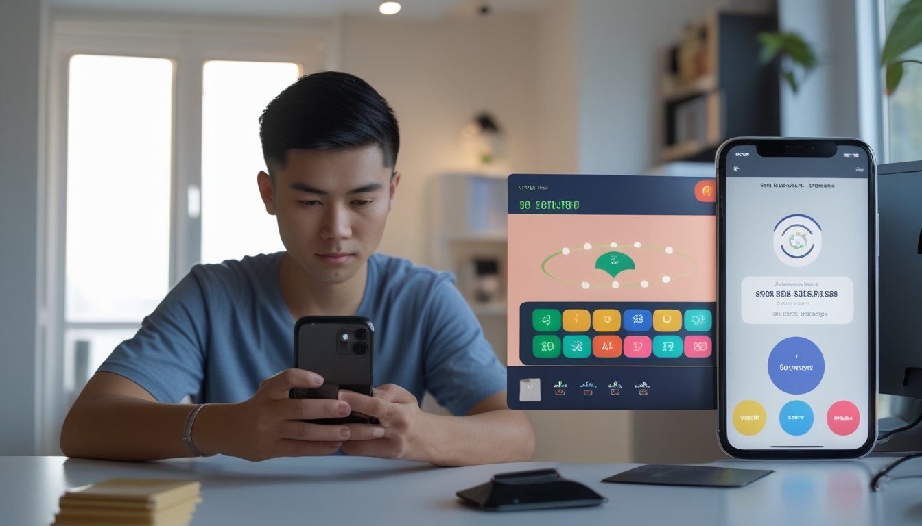 Seseorang menggunakan ponsel untuk melihat permainan angka dan konfirmasi pembayaran digital di meja kerja.