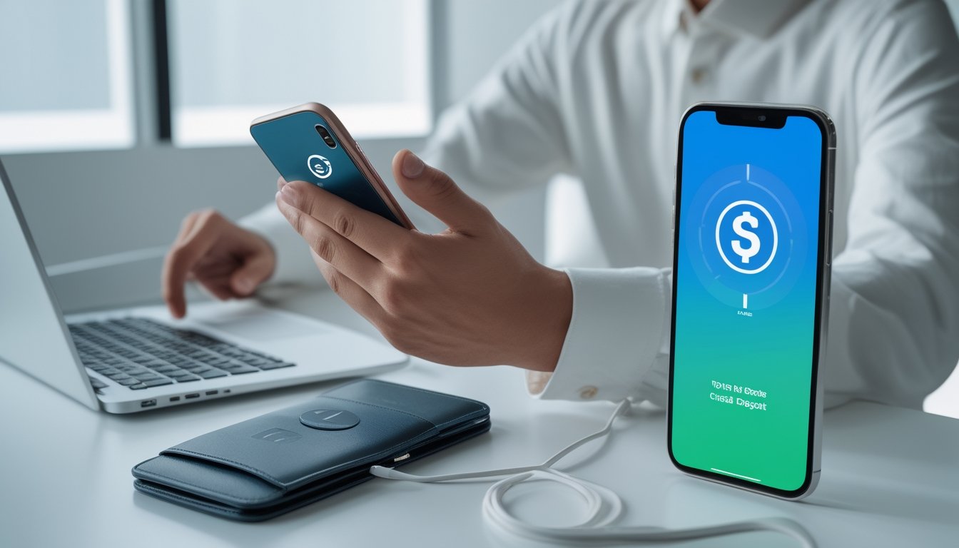 Seseorang menggunakan ponsel untuk melakukan pembayaran digital tanpa biaya tambahan.