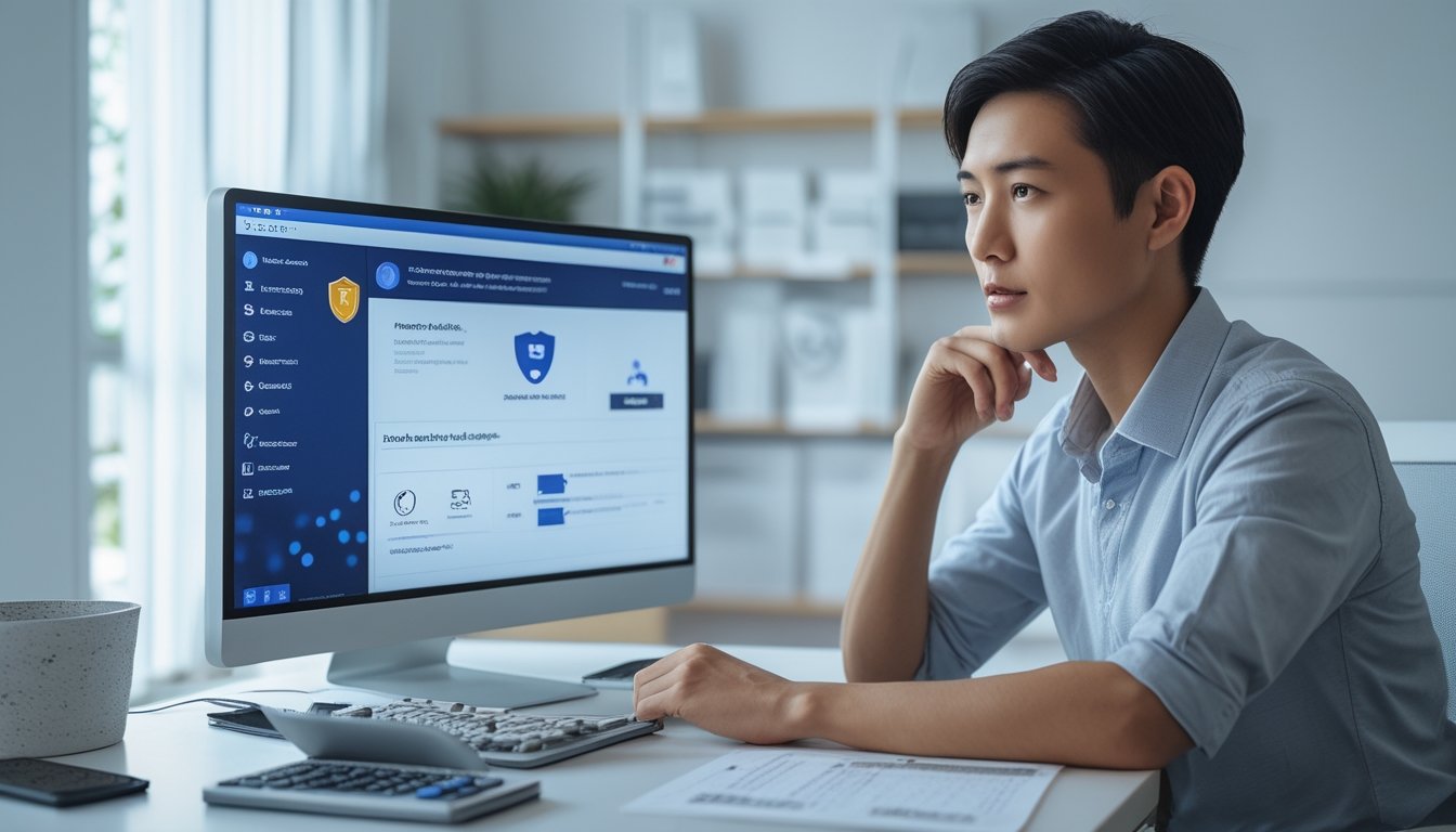 Seseorang memeriksa platform daring dengan simbol keamanan di meja kerja yang rapi.