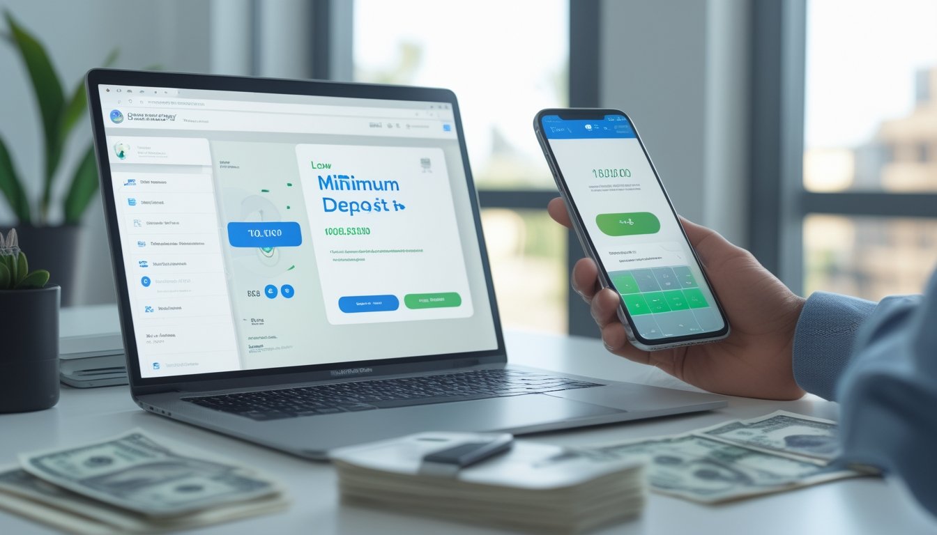 Pengguna melihat antarmuka pembayaran digital dengan uang rupiah, dompet, dan kalkulator di meja kerja.