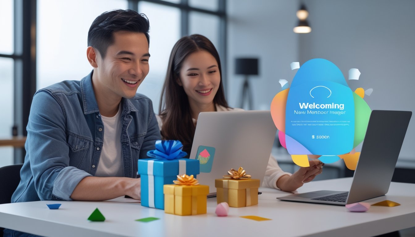 Dua orang dewasa tersenyum melihat perangkat digital di ruang kerja modern dengan dekorasi hadiah.